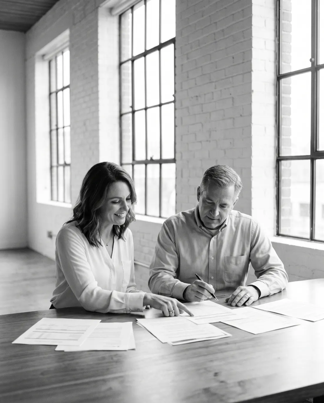 Two colleagues reviewing printed documents together at a long wooden table by tall windows
